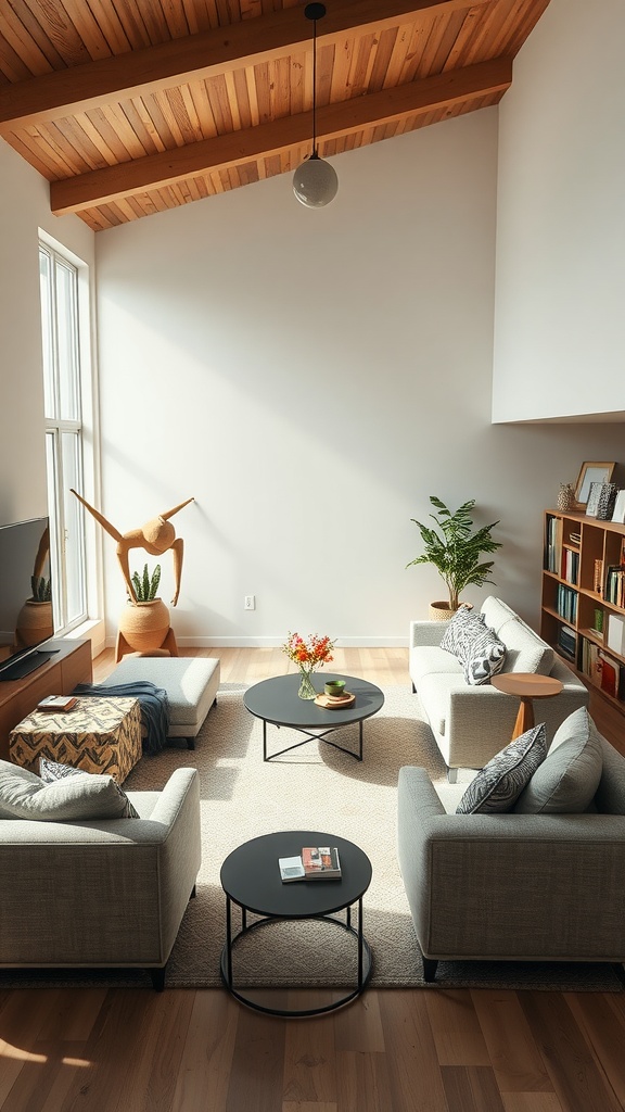 A cozy living room with two gray sofas, an armchair, a round coffee table, and large windows allowing natural light.