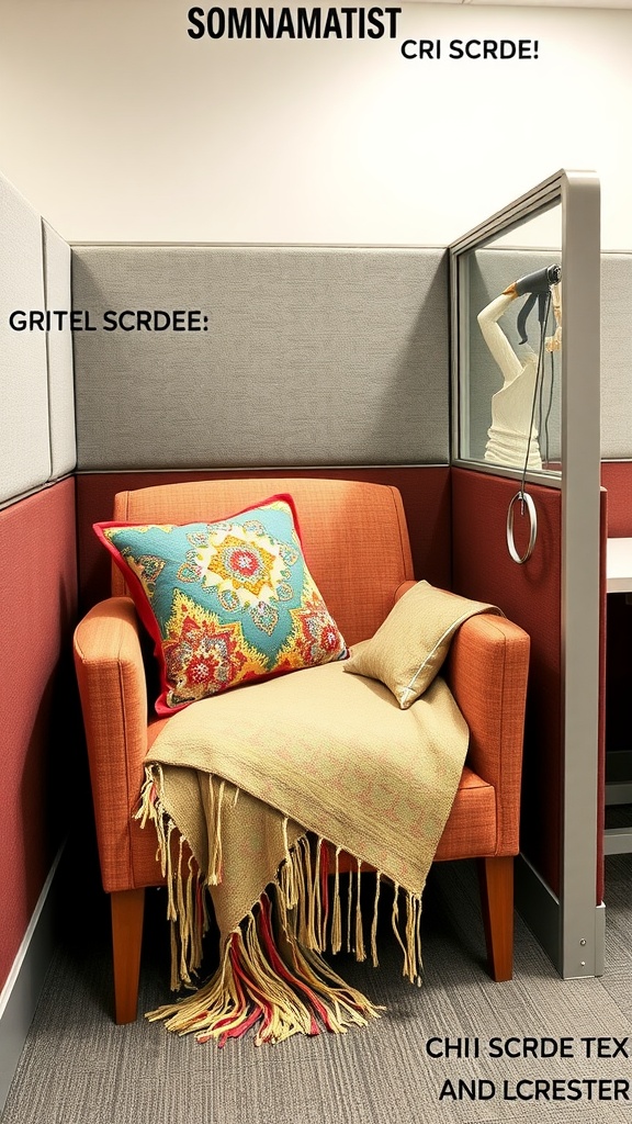 Cozy armchair in an office cubicle with colorful cushion and a throw blanket.