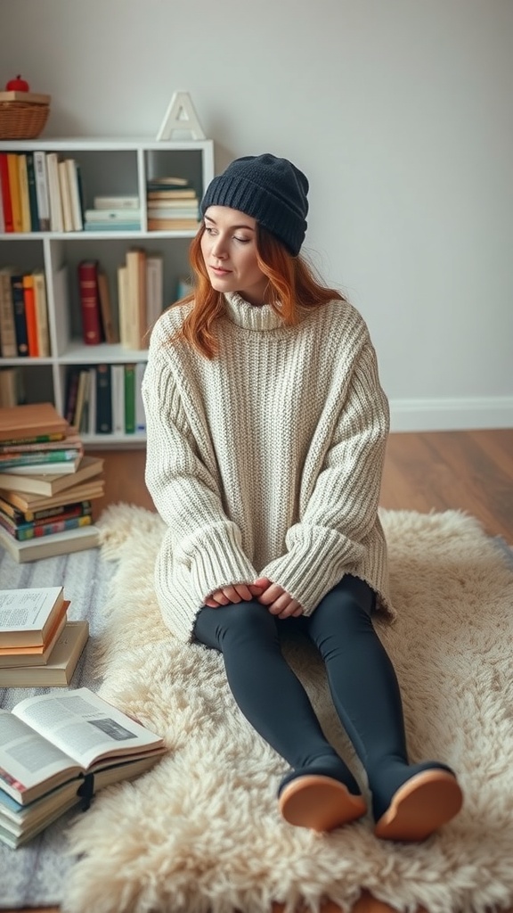 A young woman in a cozy oversized sweater and leggings, sitting on a plush rug surrounded by books.
