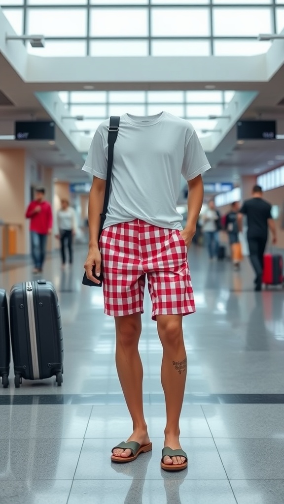 A person wearing red gingham shorts and a white t-shirt, standing in an airport with luggage.