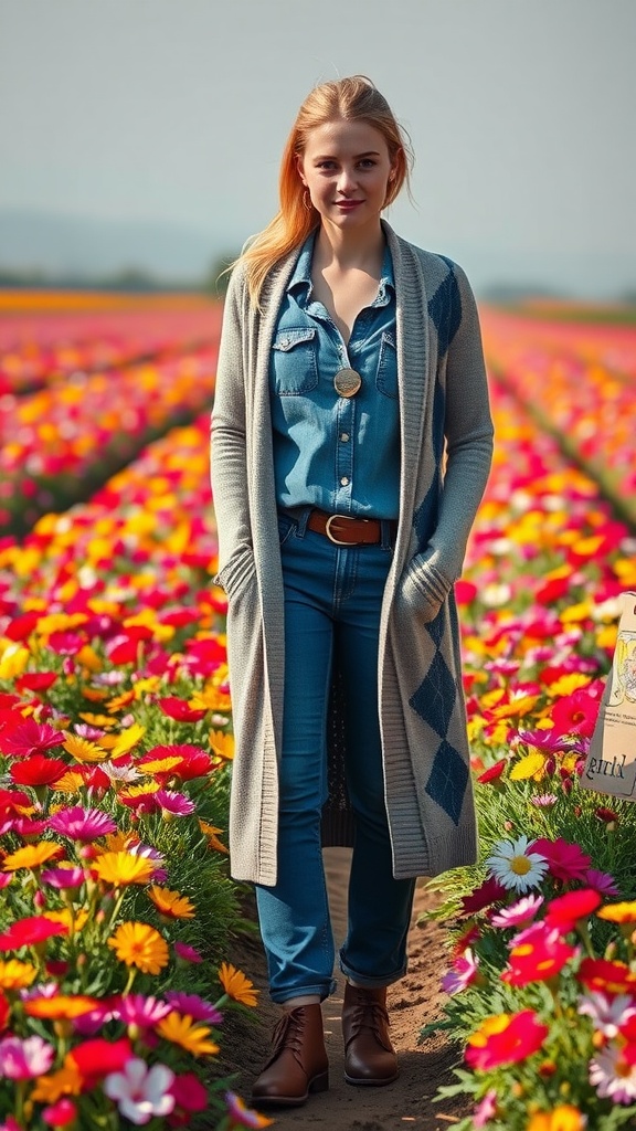 A woman in a cardigan and denim outfit standing in a colorful flower field.