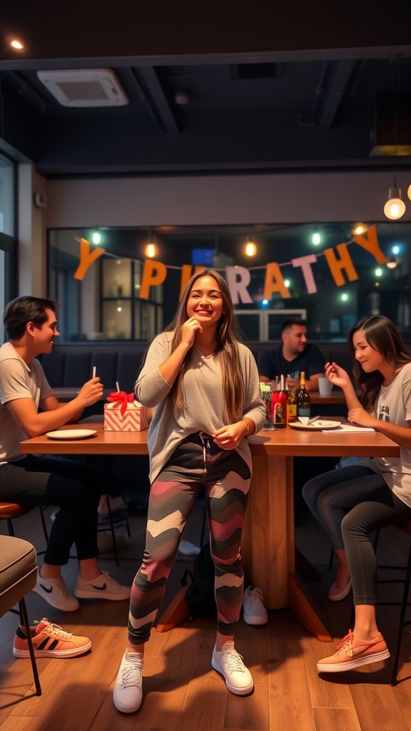 A woman in patterned leggings and a gray top stands at a birthday celebration surrounded by friends.