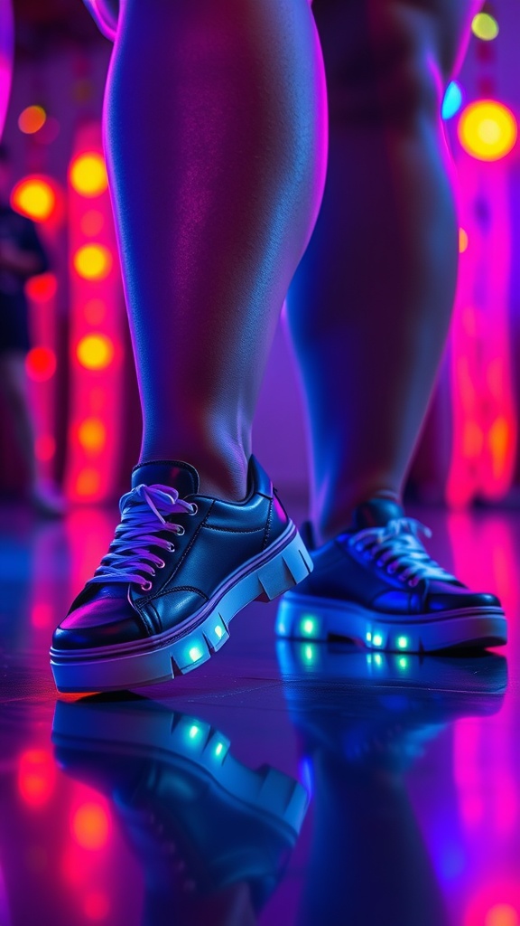 A close-up of stylish light-up sneakers with a vibrant, colorful background.