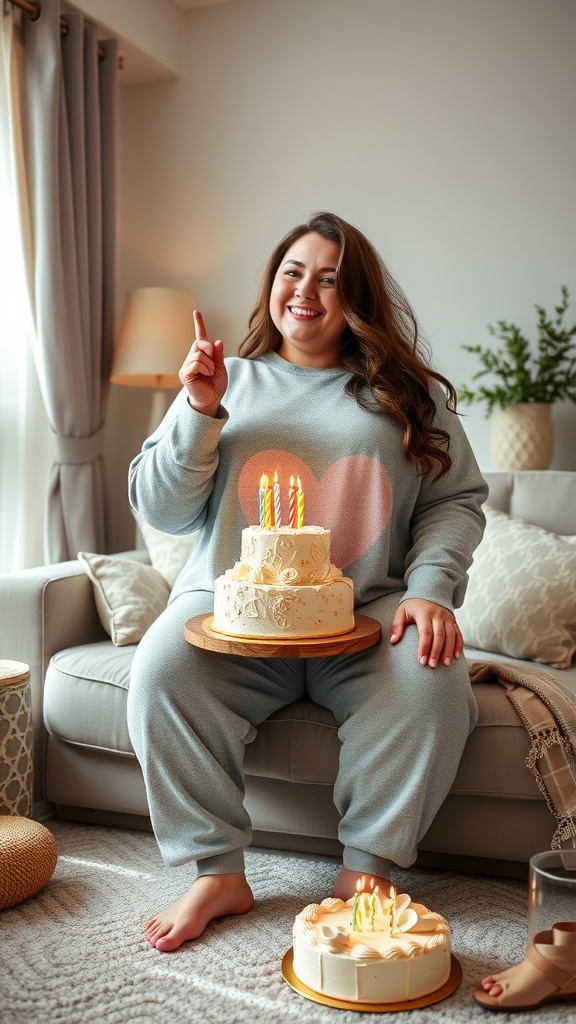 A smiling person in soft blue loungewear with a heart design, holding a birthday cake with candles, sitting on a couch.