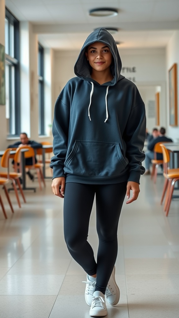 Student wearing a dark hoodie and black leggings in a school hallway.