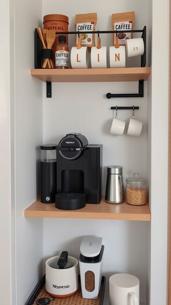 Compact apartment coffee station with Nespresso machine and organized shelves.