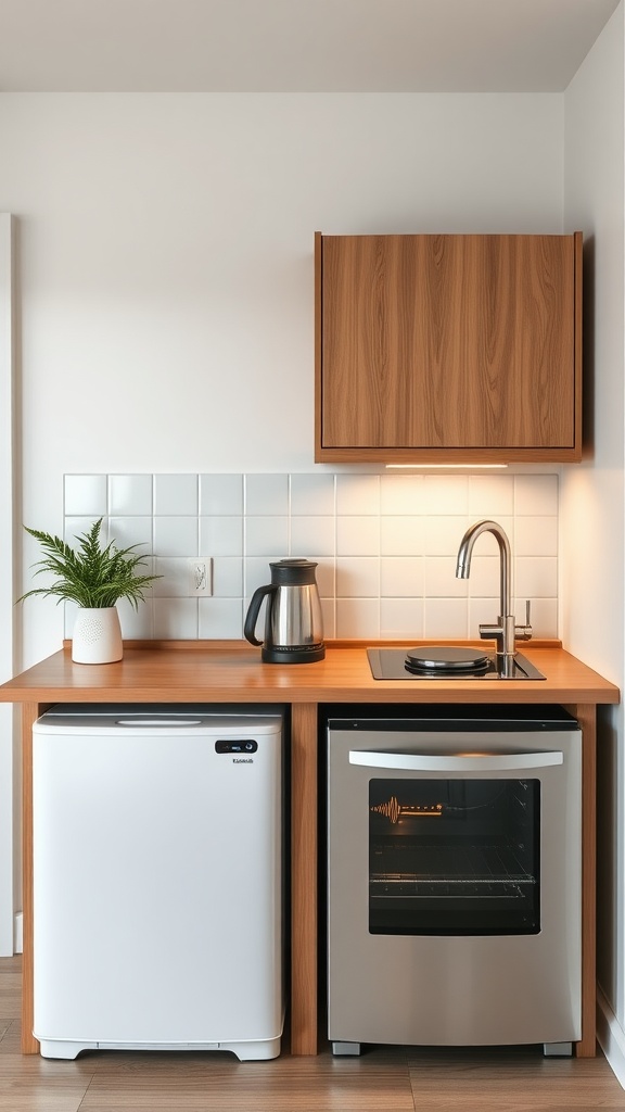 Compact kitchen appliances including a refrigerator and oven in a small kitchen layout