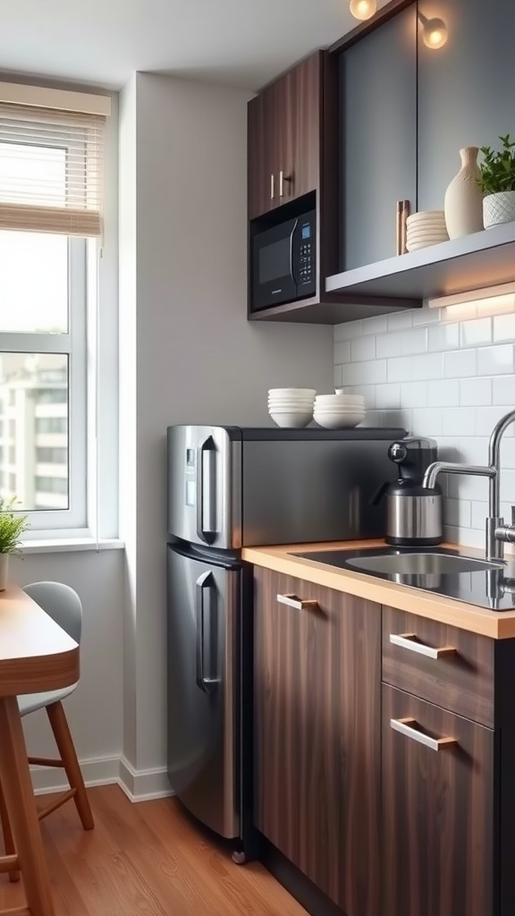 A compact kitchen featuring a refrigerator and microwave, designed for small spaces.