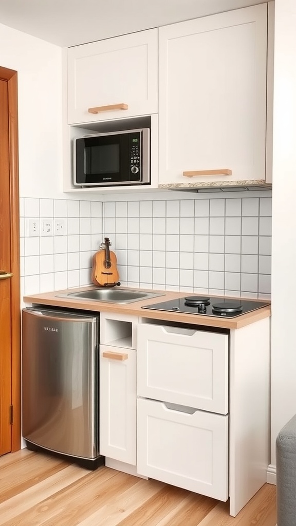 Compact kitchen featuring a small refrigerator, microwave, and two-burner cooktop in a stylish design.