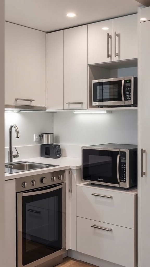 Compact kitchen with modern appliances including a stove, oven, and microwaves.