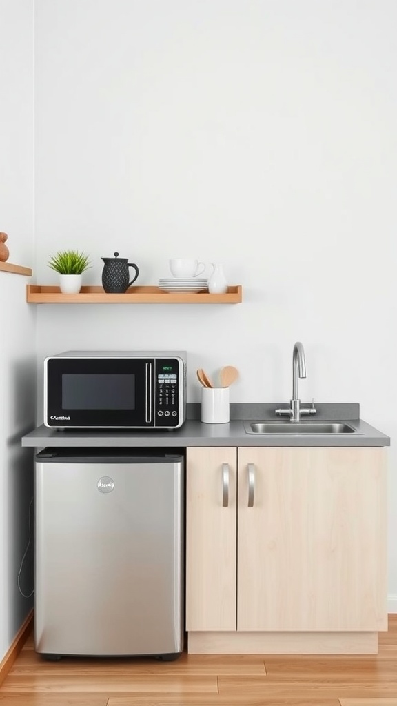 Compact kitchen with a microwave and mini fridge