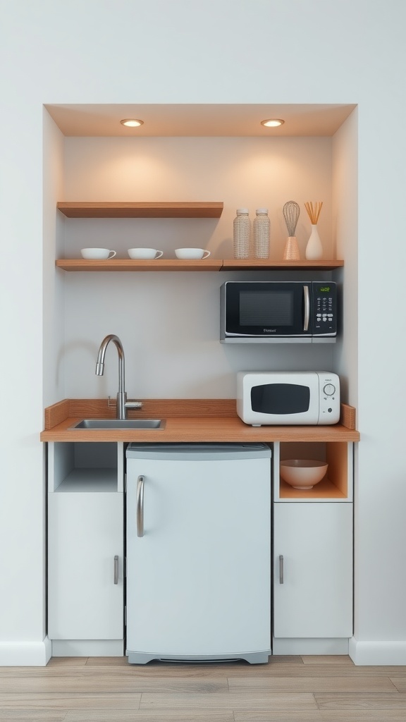 Compact kitchen with refrigerator, microwave, and sink in a small space.