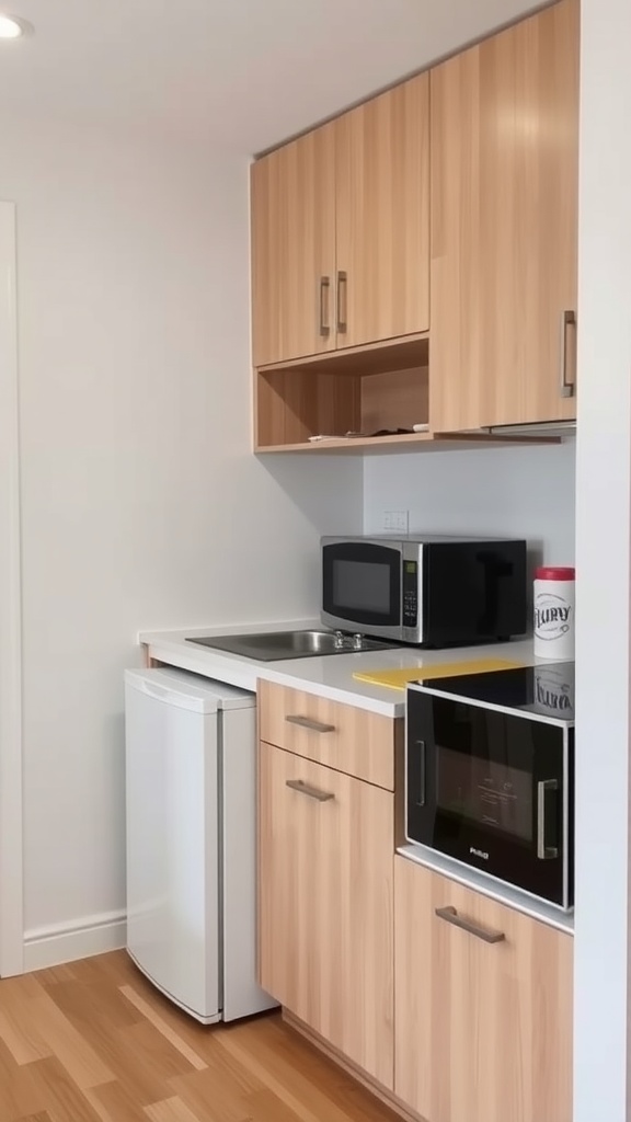Compact appliances in a small kitchen, including a refrigerator, microwave, and sink.