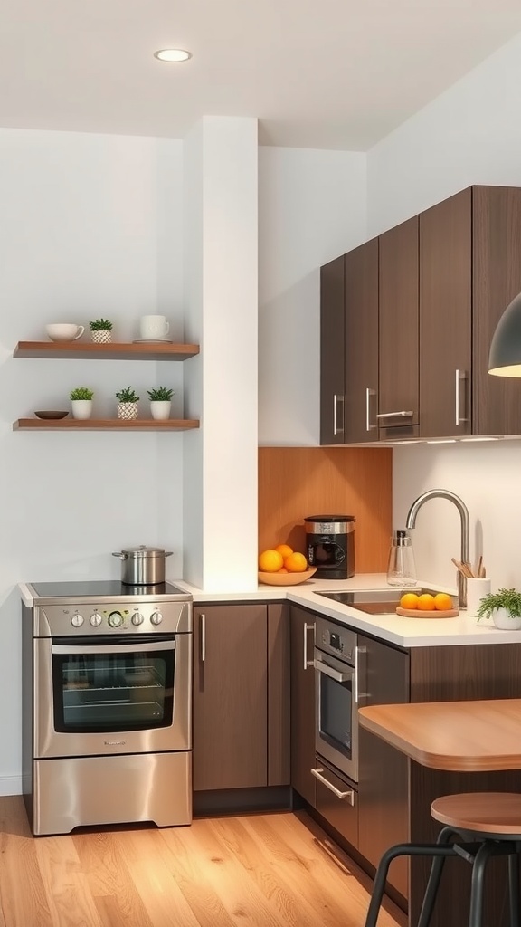 Small kitchen featuring compact stainless steel appliances and open shelving with plants.