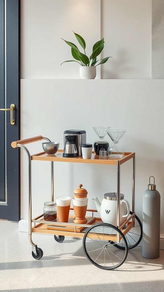 A compact coffee cart with coffee accessories and a plant.