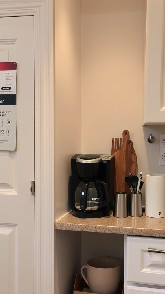 A compact coffee station with a coffee maker, utensils, and a large mug in a kitchen corner.