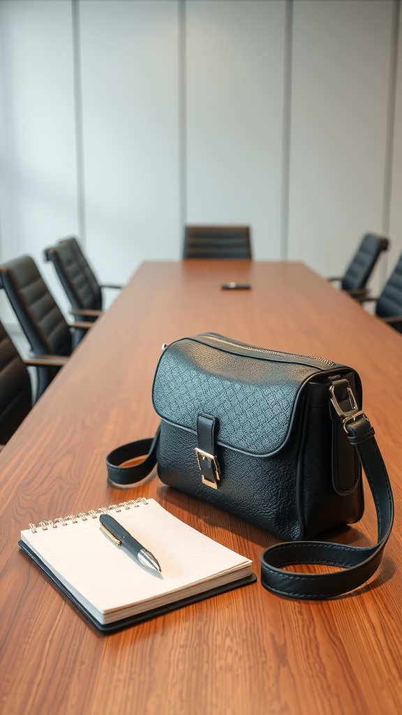 A compact black crossbody bag next to a notebook and pen on a wooden table in a meeting room.