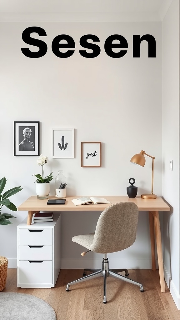 A compact home office setup featuring a light wood desk, cozy chair, storage unit, and decorative wall art.
