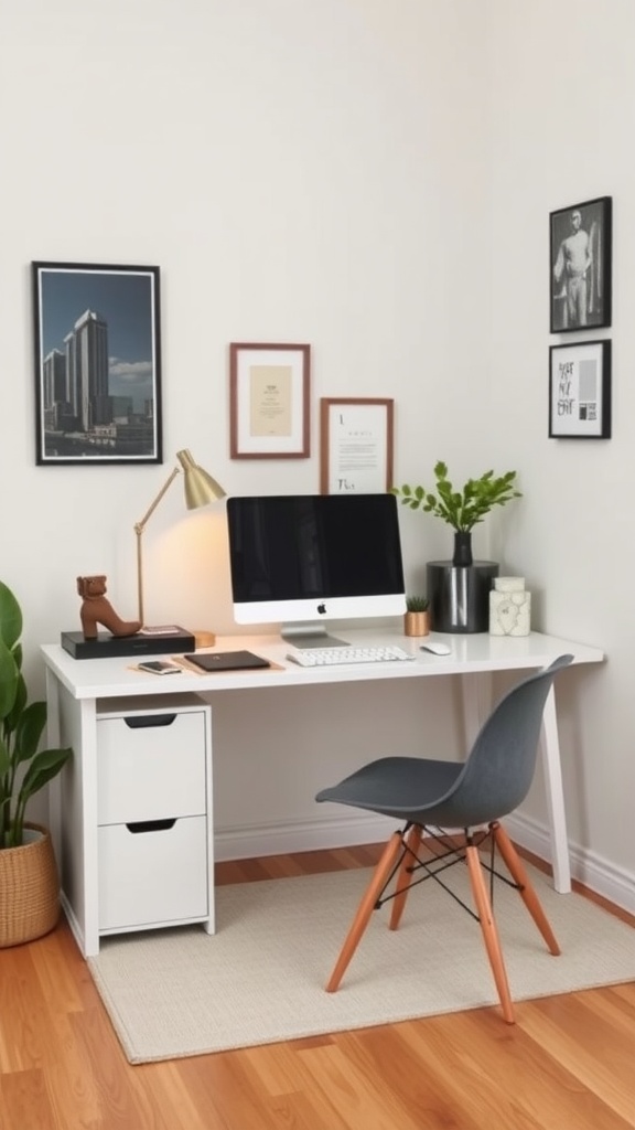 A compact home office setup with a white desk, a computer, a stylish chair, and decor on the walls.
