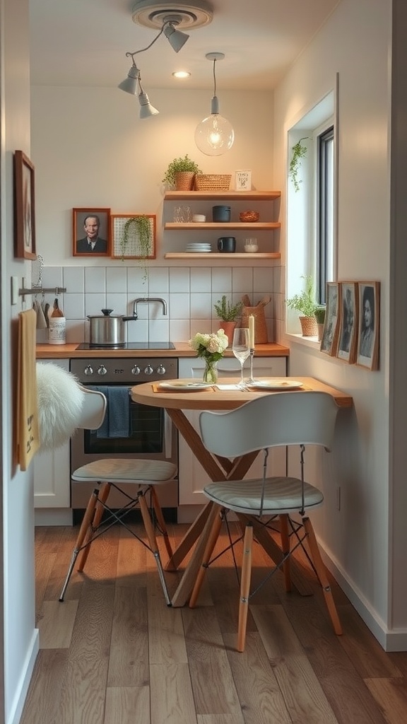 A small kitchen with a compact dining area featuring a table and two chairs, wooden shelves with decorative items, and a warm atmosphere.