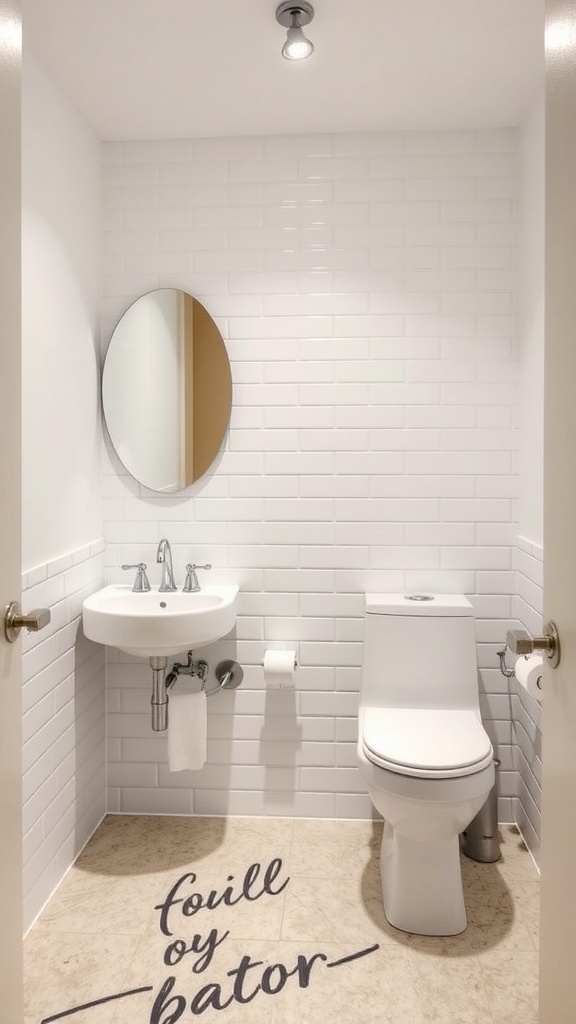 A compact guest bathroom featuring a wall-mounted sink, a modern toilet, and a round mirror.