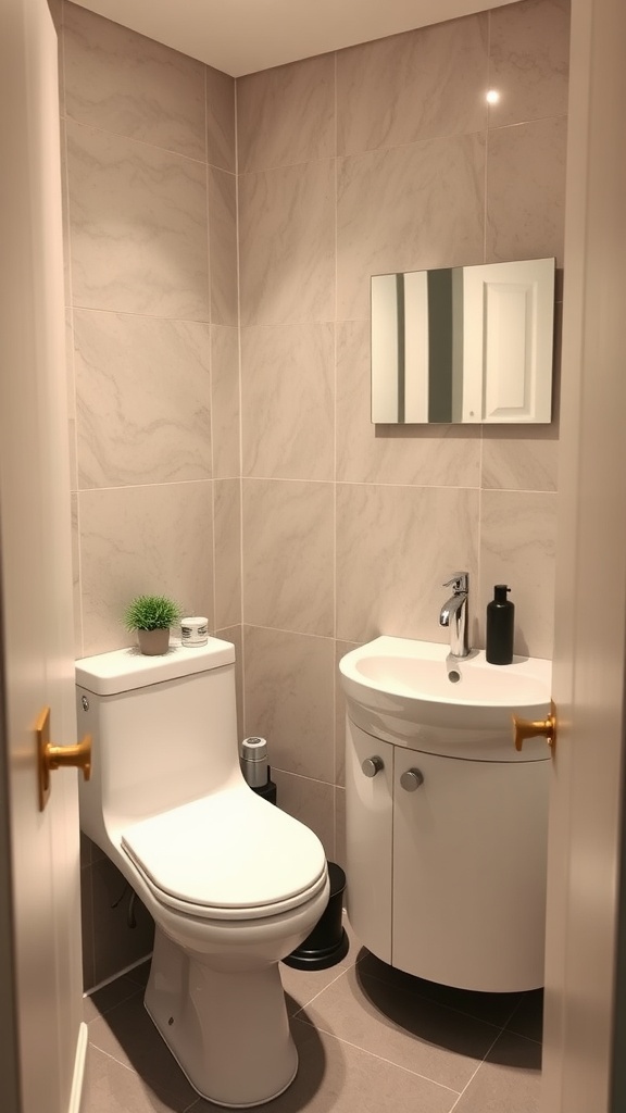 A small half bathroom featuring a compact toilet and a round sink, with light-colored tiles and a small plant.