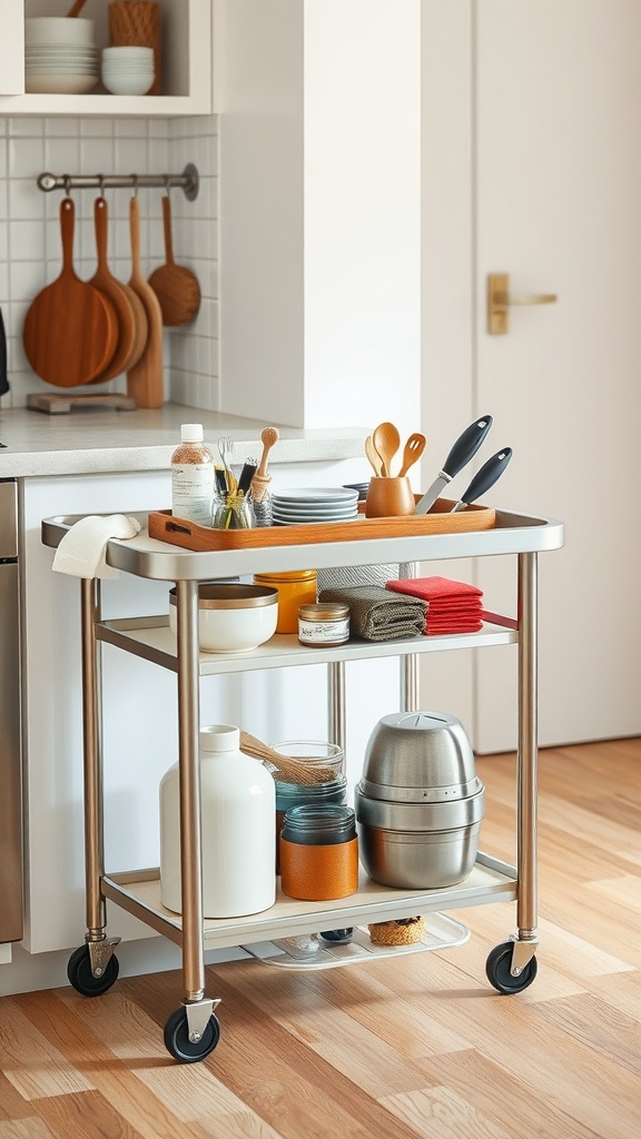 A compact kitchen cart filled with various kitchen items, including utensils, jars, and towels, set in a modern kitchen.