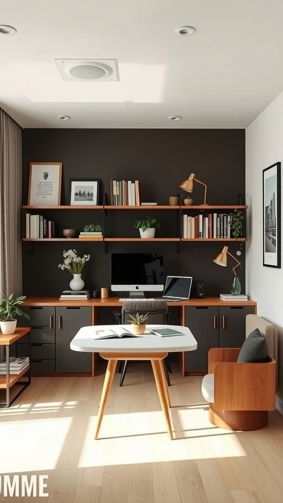 A small home office featuring a modern desk, shelves, and a comfortable chair, showcasing compact multi-functional furniture.