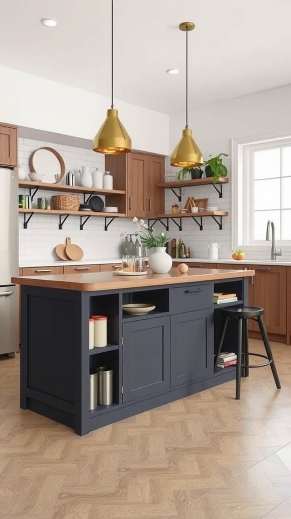 Compact multi-functional kitchen island with navy color and wooden countertop