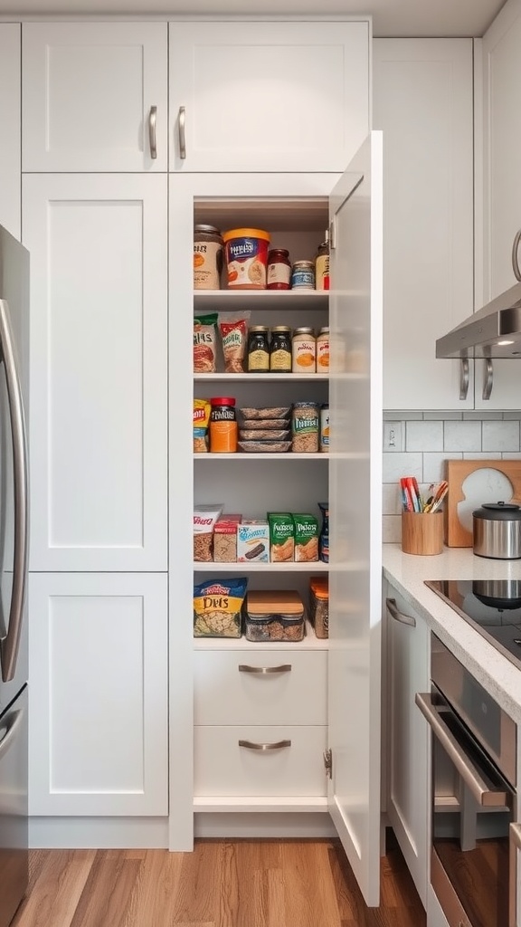 Compact pantry cabinet in a small kitchen with neatly organized food items