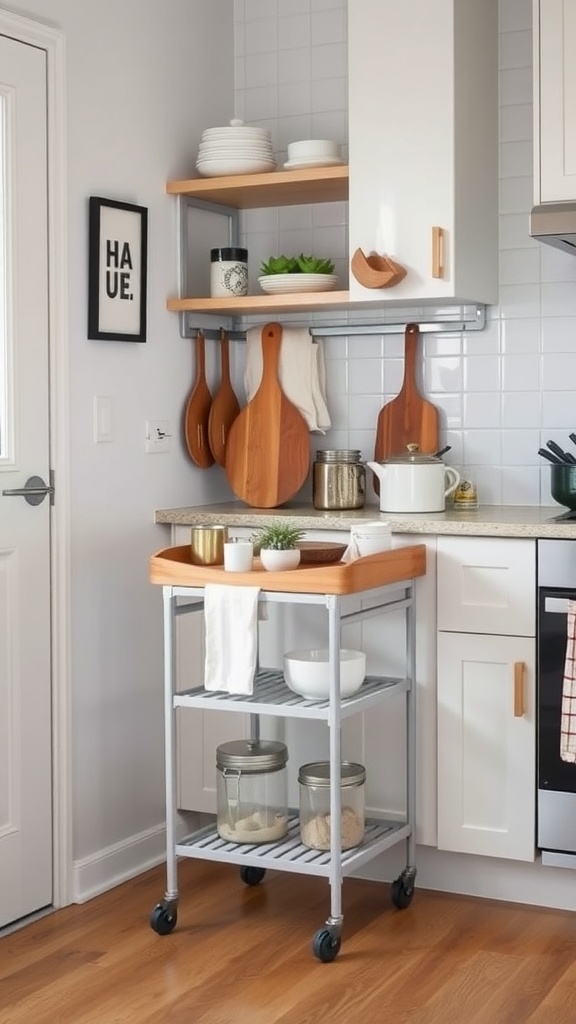 A compact rolling cart in a small kitchen, showcasing extra storage space with wooden top and metal frame.