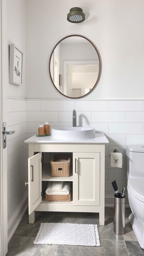 Compact bathroom vanity with a round mirror and woven baskets