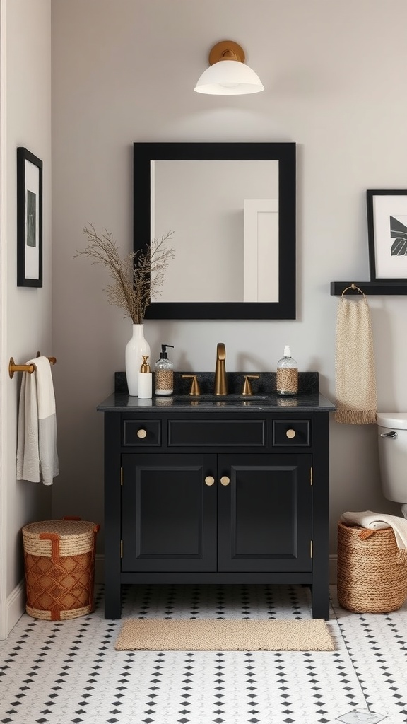 A compact black bathroom vanity with gold fixtures and a modern design in a stylish bathroom setting.