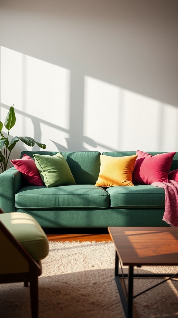 A green couch adorned with colorful pillows in pink, yellow, and green, set in a well-lit living room with a plant and a coffee table.