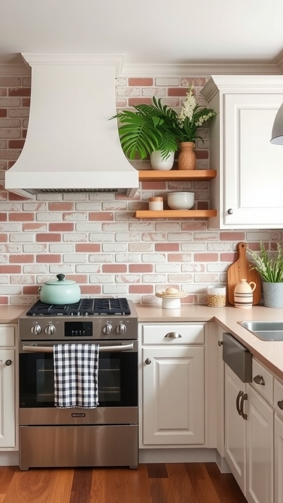 Farmhouse kitchen with brick backsplash and white cabinetry