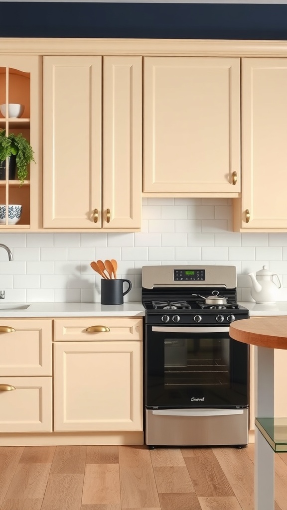 A beige kitchen with navy blue accents, a black stove, and wood flooring.