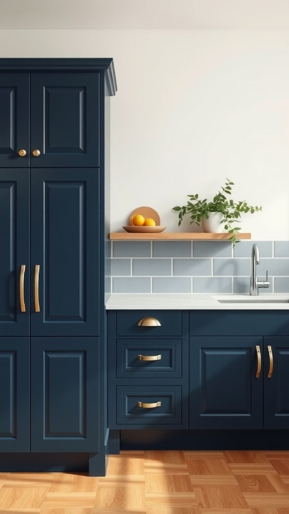 A modern kitchen featuring navy blue cabinets with gold accents, a light gray backsplash, and wooden flooring.
