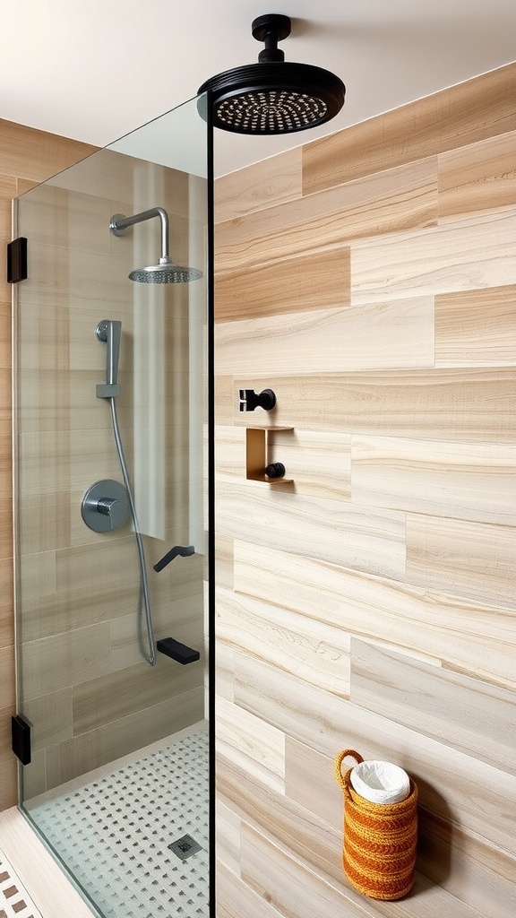 A modern shower featuring wood look tile walls, a sleek black showerhead, and a woven basket for a cozy touch.