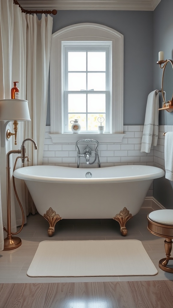 A stylish clawfoot tub bathroom featuring a vintage-style tub with ornate feet, modern faucet, soft lighting, and decorative accessories.