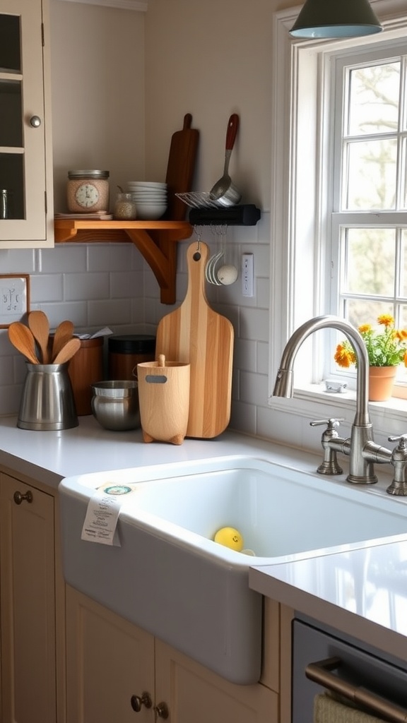 Farmhouse kitchen sink with wooden utensils and plants