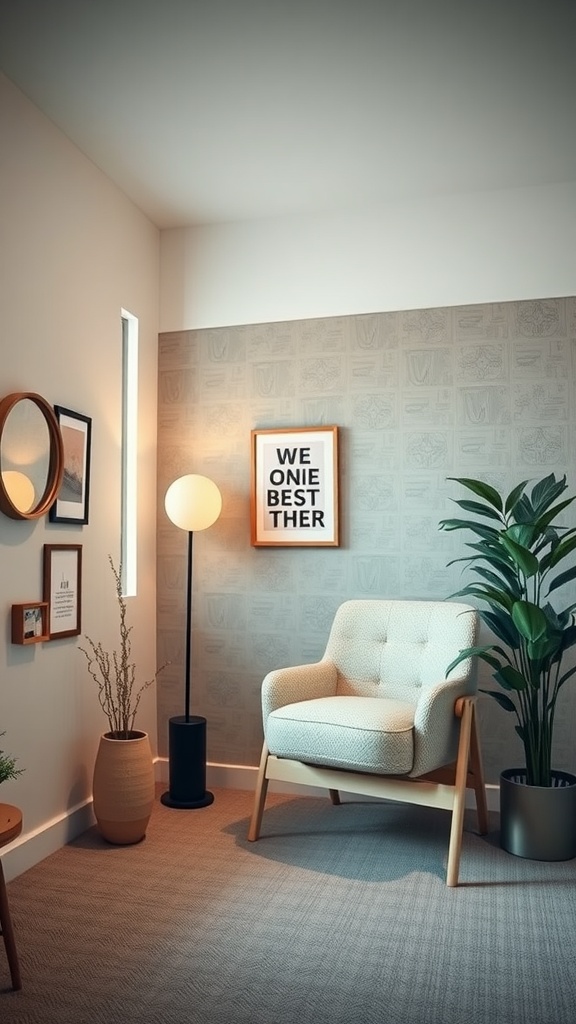 Cozy counselor office with a chair, plants, and wall art
