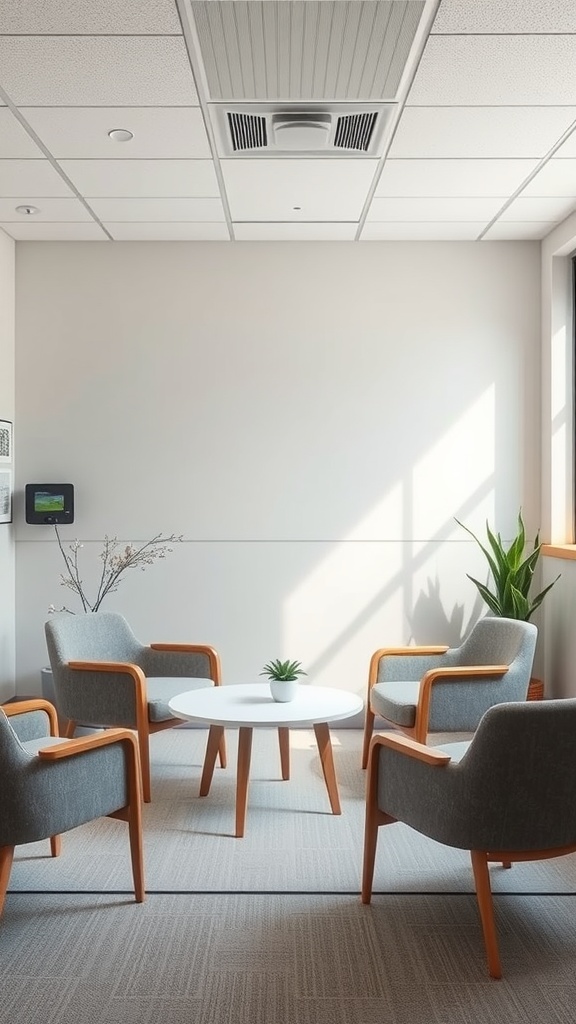 A cozy conflict resolution area in a school counselor's office, featuring comfortable chairs, a small table, and plants.