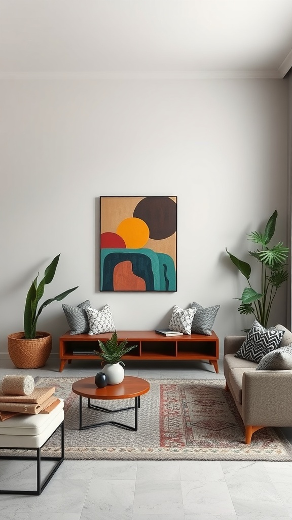 Modern living room featuring contemporary abstract artwork with bold colors and geometric shapes