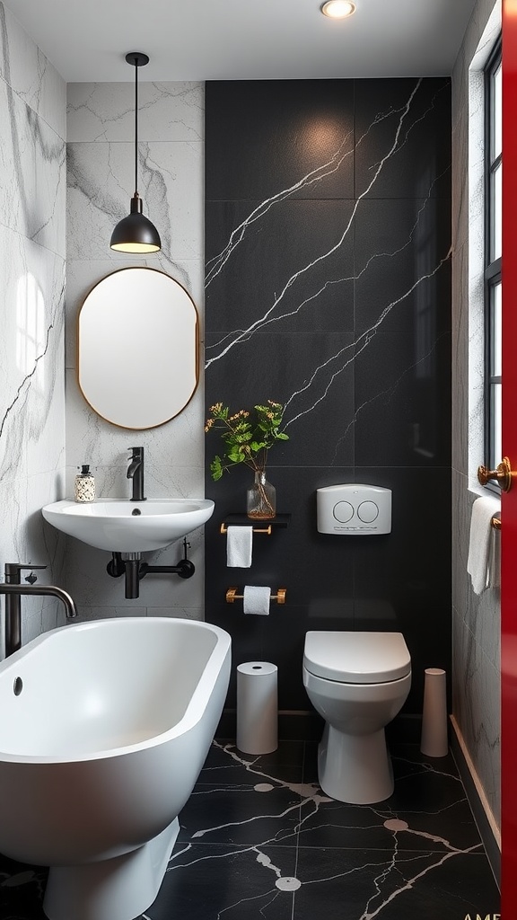 A contemporary bathroom featuring black and white marble tiles, gold accents, and a touch of greenery.