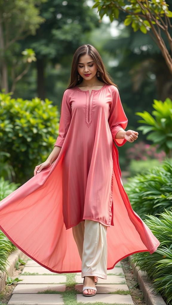 A woman in a pink contemporary kurti dress walking in a lush garden