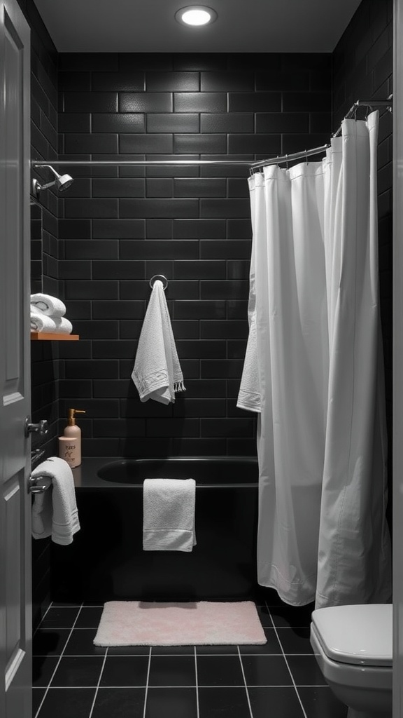 A black bathroom featuring dark tiles, white accents, and a soft pink bath mat.