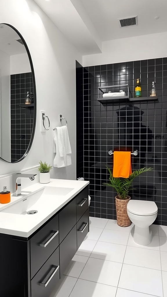 Modern bathroom featuring a black vanity, white countertop, and contrasting colors with an orange towel and green plants.