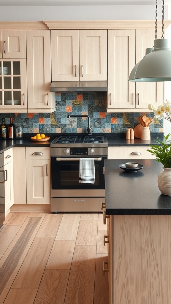 A kitchen with white oak cabinets, black countertop, and colorful backsplash.