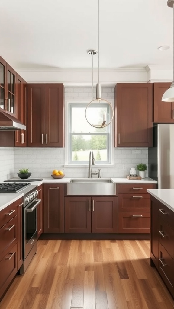 A modern kitchen featuring brown cabinets, bright countertops, and a cozy layout.