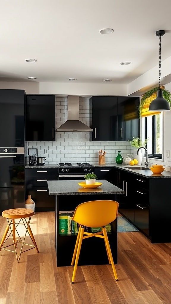 A modern kitchen with black cabinets, a yellow chair, and green plants.